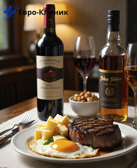 стейк и алкоголь на столе